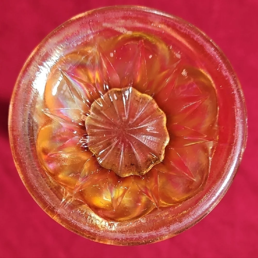 Vintage Marigold Carnival Glass Swung Bud Vase Iridescent Morning Glory